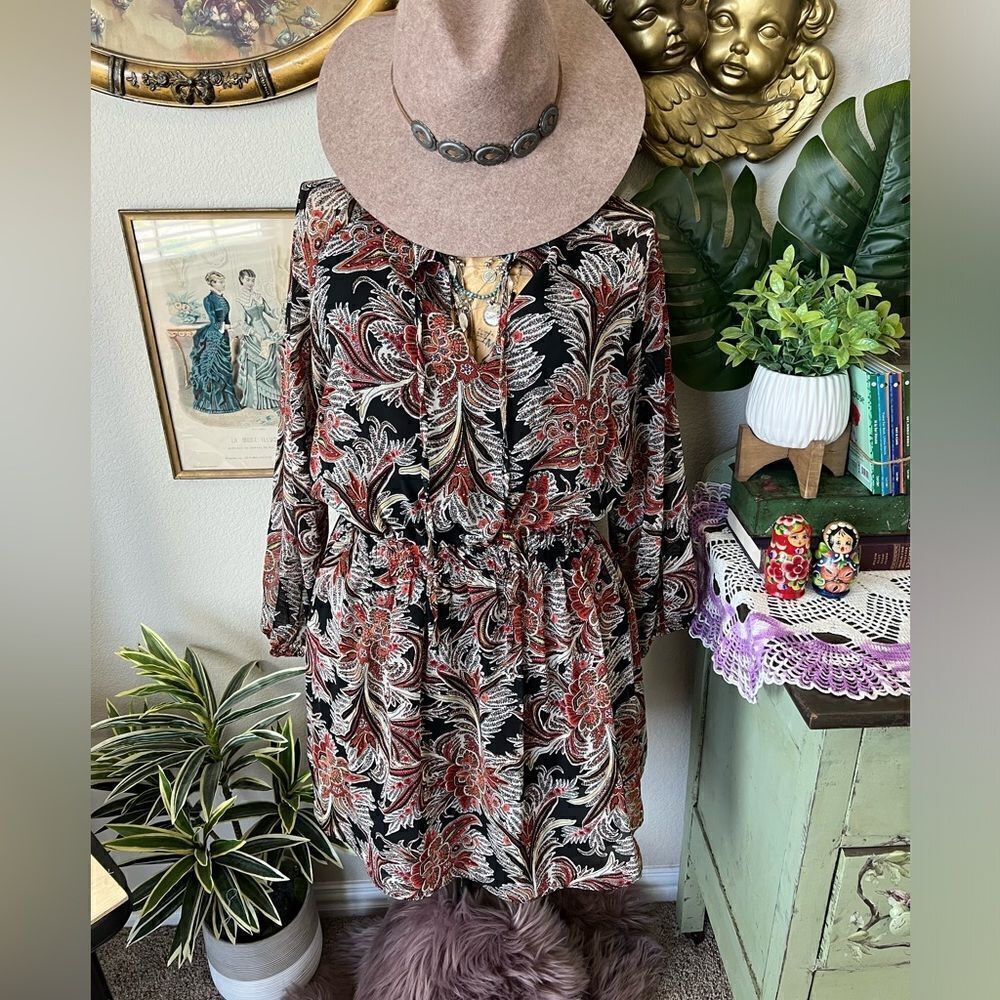MNG Mango Black Orange Red Paisley Floralโ Peasant Mini Dress Sz 10โBoho Hippie